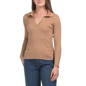 METRIC KNITS Camel Ribbed Long Sleeve Sweater